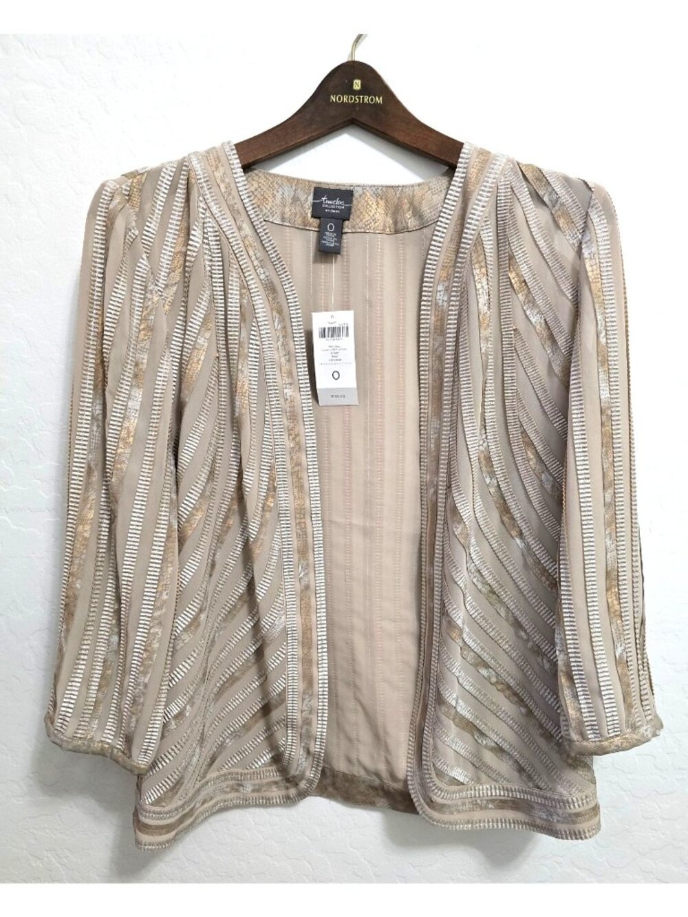 NWT Chicos Travelers Collection Size 0 Gold Gilded Stripe Jacket Open-Front